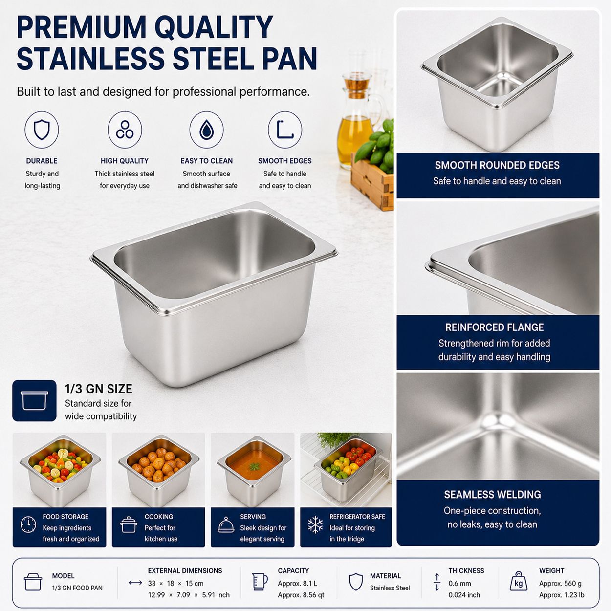 Commercial Stainless Steel GN 1/3 150mm Deep Gastronorm Bain Marie Buffet Steam Table Food Pan