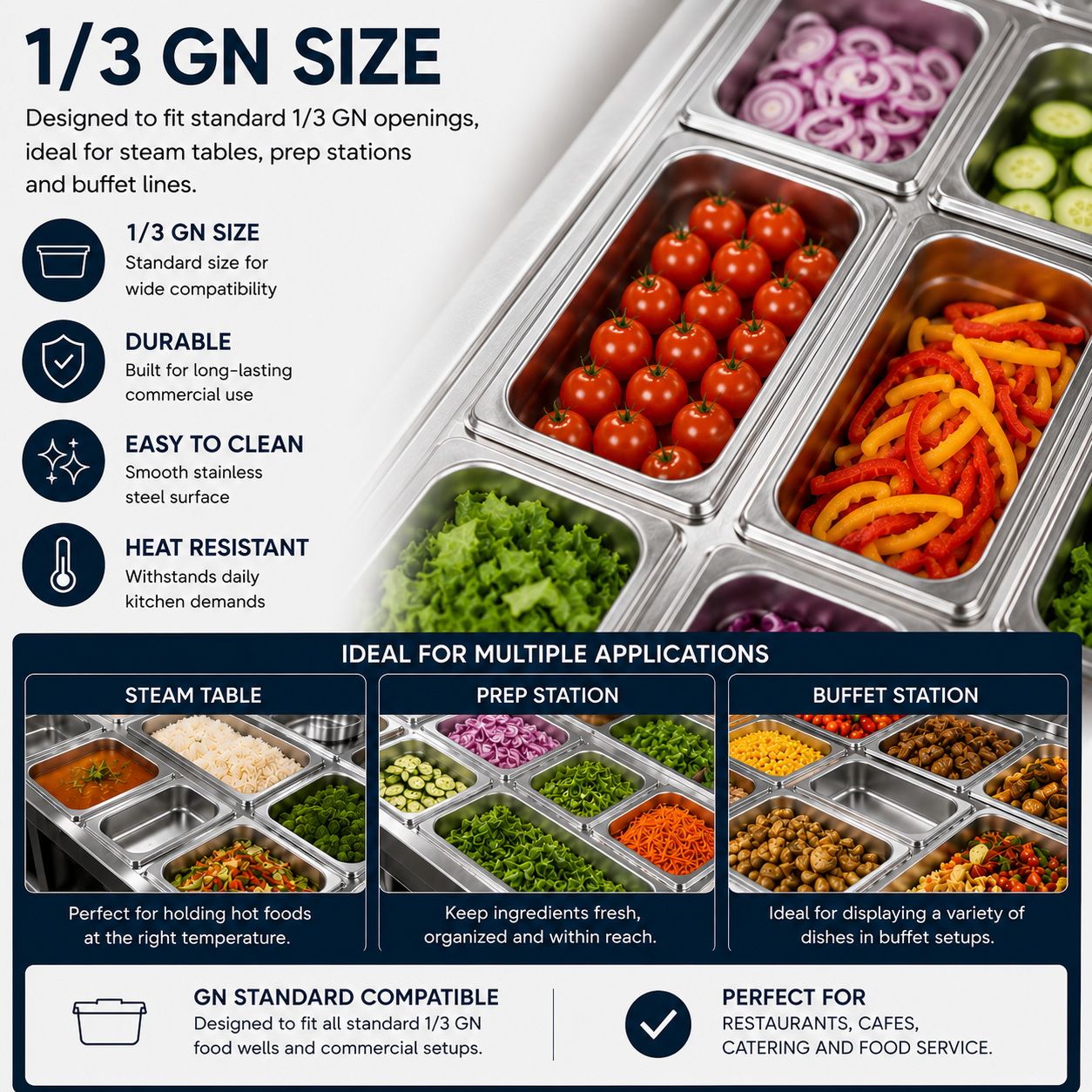 Commercial Stainless Steel GN 1/3 150mm Deep Gastronorm Bain Marie Buffet Steam Table Food Pan with Lid