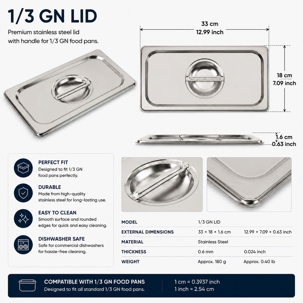 Commercial Stainless Steel GN 1/3 150mm Deep Gastronorm Bain Marie Buffet Steam Table Food Pan with Lid