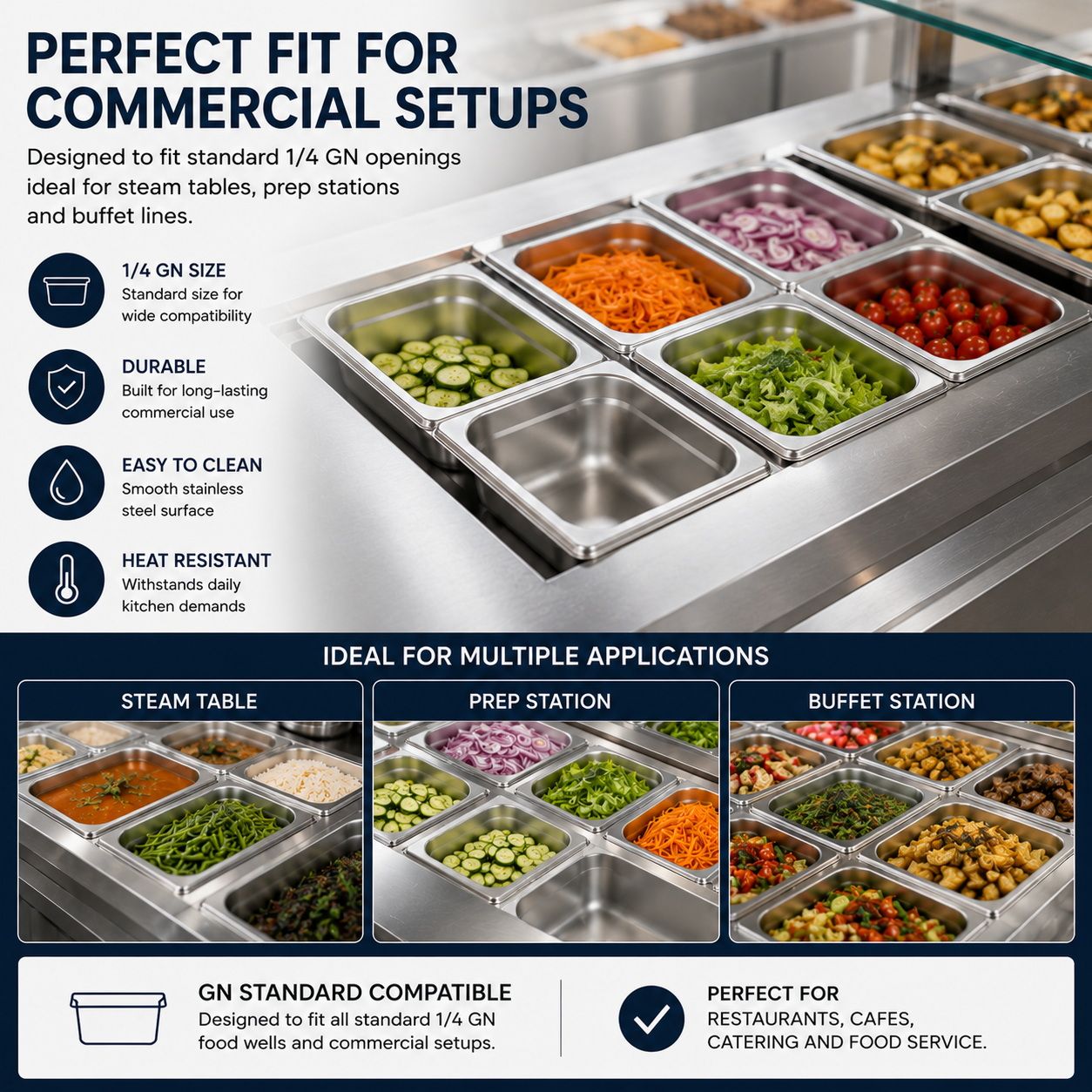 Commercial Stainless Steel GN 1/4 150mm Deep Gastronorm Bain Marie Buffet Steam Table Food Pan