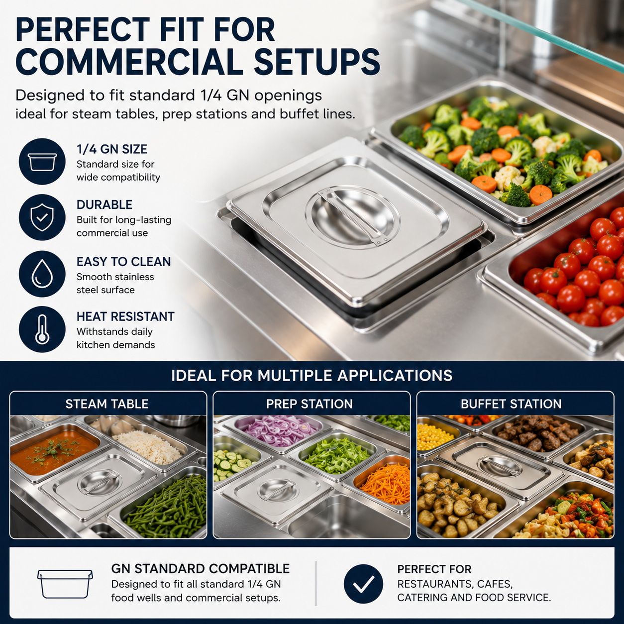 Commercial Stainless Steel GN 1/4 150mm Deep Gastronorm Bain Marie Buffet Steam Table Food Pan with Lid