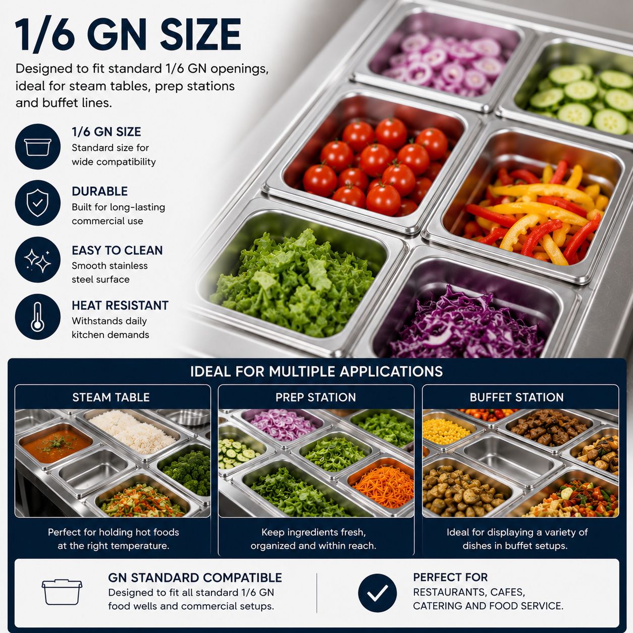 Commercial Stainless Steel GN 1/6 100mm Deep Gastronorm Bain Marie Buffet Steam Table Food Pan