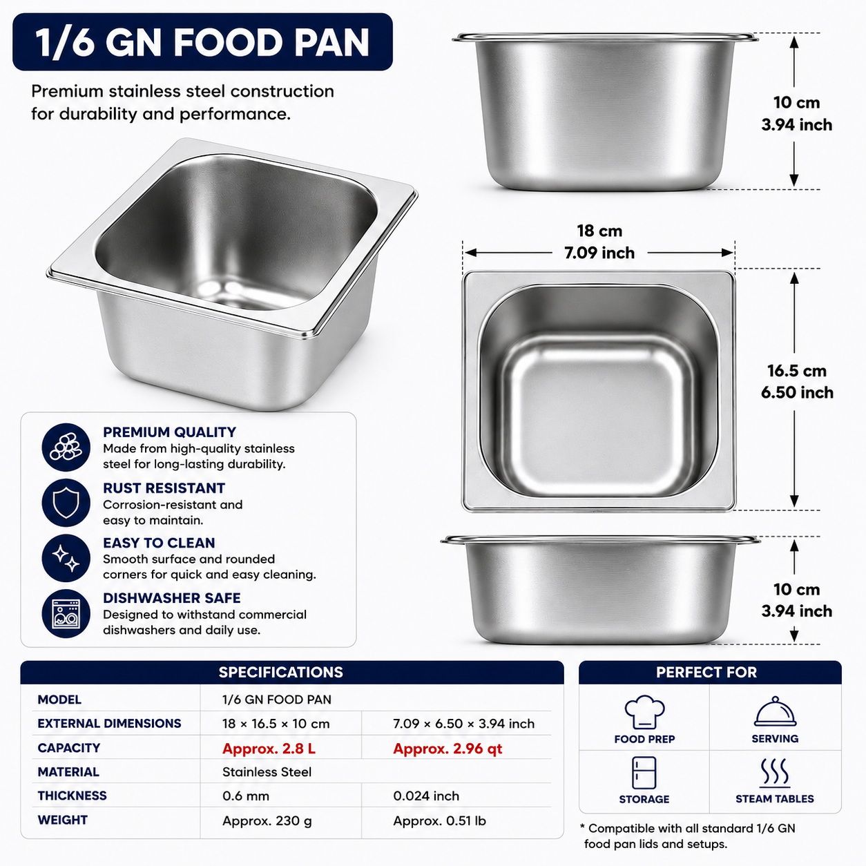 Commercial Stainless Steel GN 1/6 100mm Deep Gastronorm Bain Marie Buffet Steam Table Food Pan