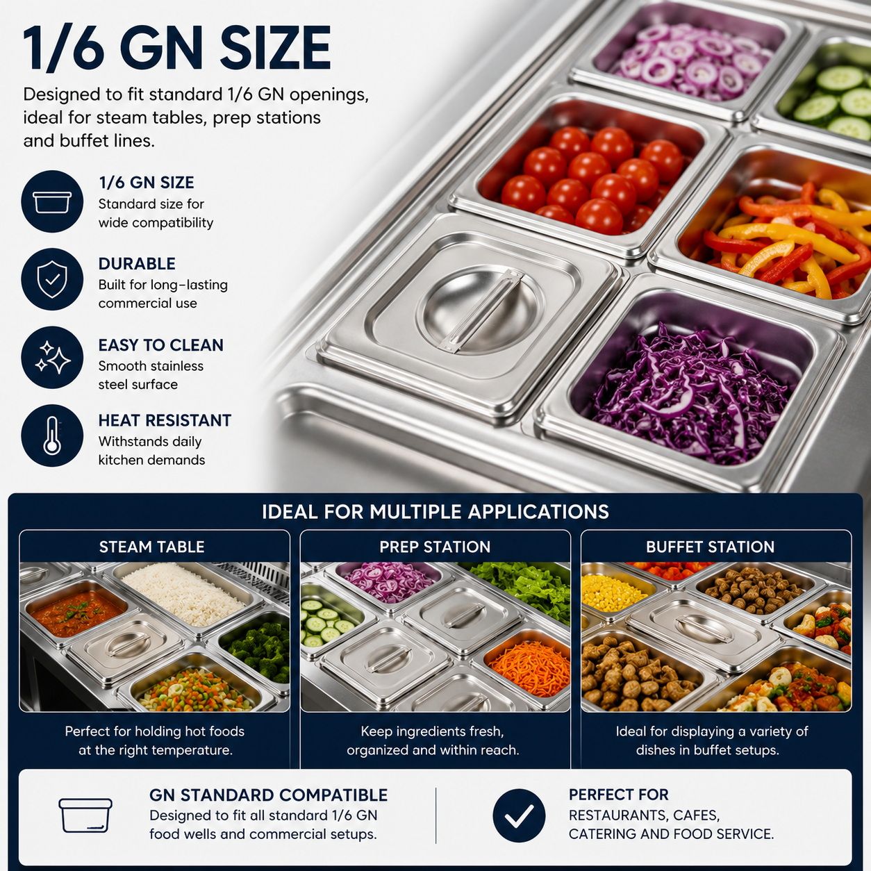 Commercial Stainless Steel GN 1/6 100mm Deep Gastronorm Bain Marie Buffet Steam Table Food Pan with Lid