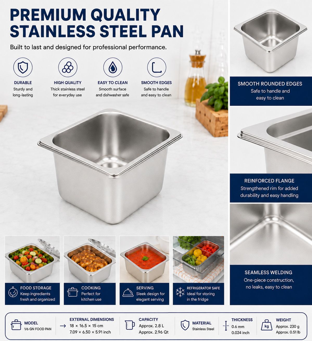 Commercial Stainless Steel GN 1/6 100mm Deep Gastronorm Bain Marie Buffet Steam Table Food Pan with Lid