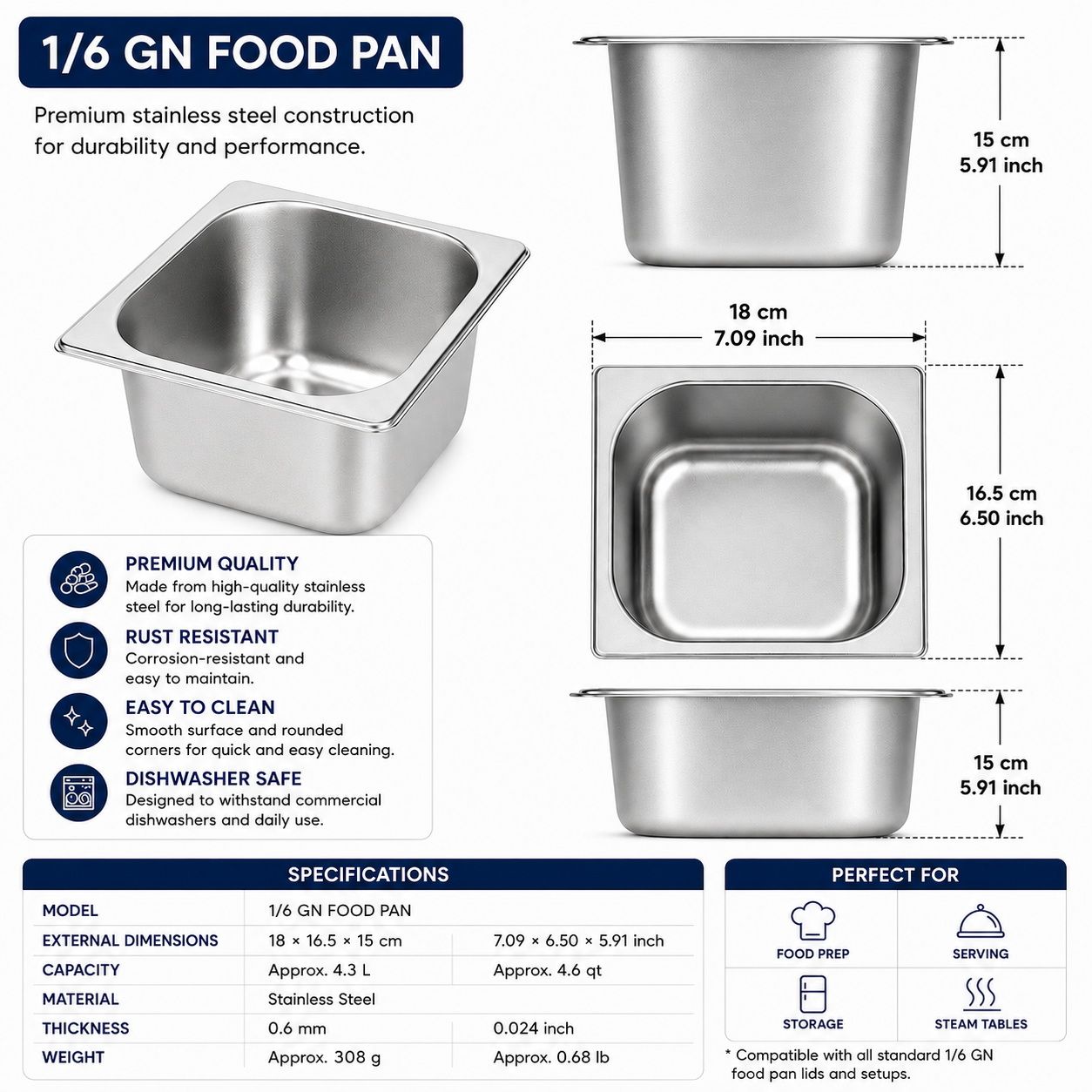 Commercial Stainless Steel GN 1/6 150mm Deep Gastronorm Bain Marie Buffet Steam Table Food Pan
