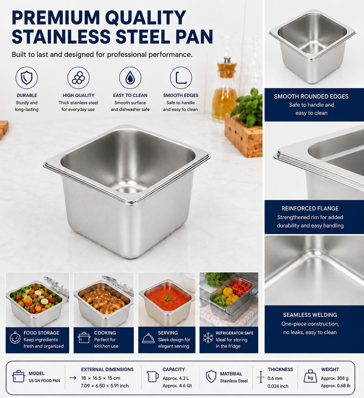 Commercial Stainless Steel GN 1/6 150mm Deep Gastronorm Bain Marie Buffet Steam Table Food Pan