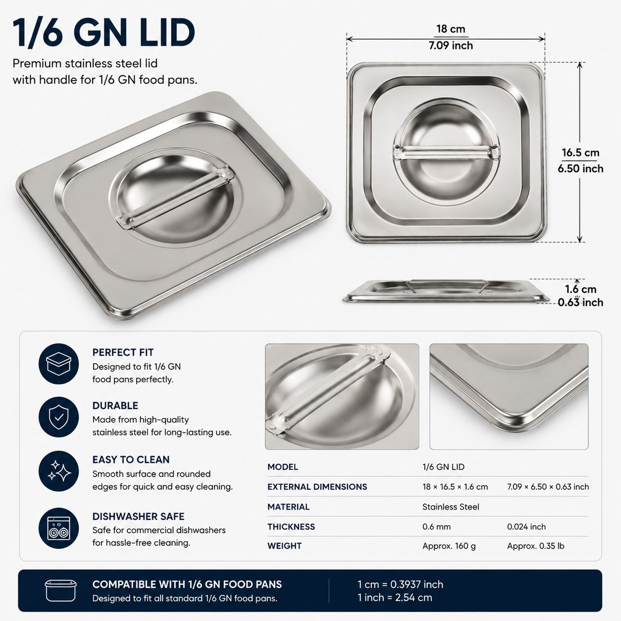 Commercial Stainless Steel GN 1/6 150mm Deep Gastronorm Bain Marie Buffet Steam Table Food Pan with Lid
