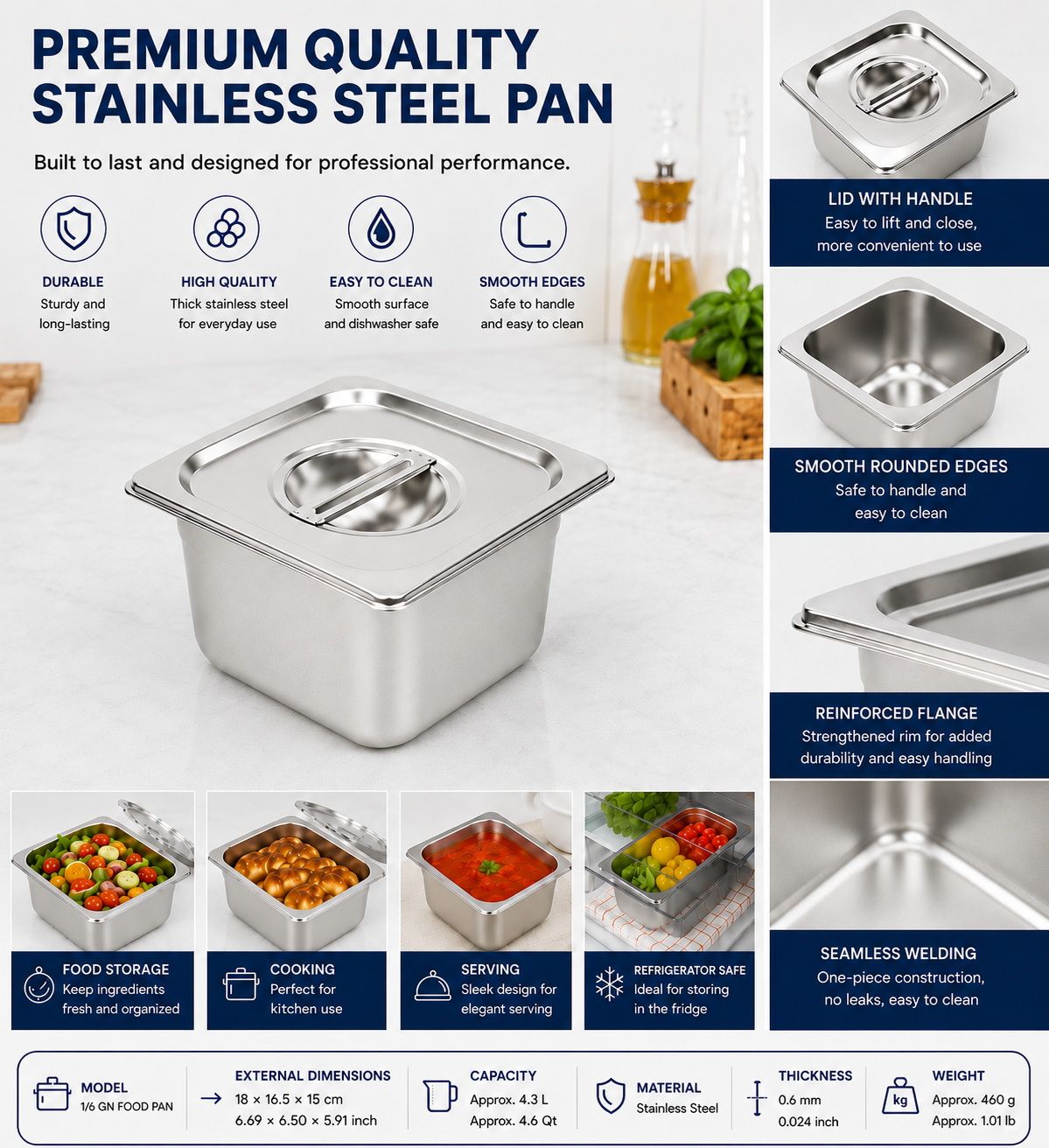 Commercial Stainless Steel GN 1/6 150mm Deep Gastronorm Bain Marie Buffet Steam Table Food Pan with Lid