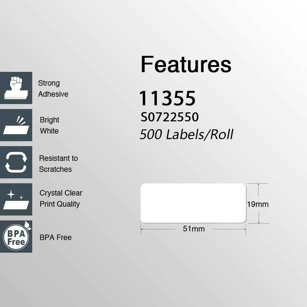 Labels: 10x Compatible Dymo 11355 SD11355 / S0722550 thermal label 19mm x 51mm 500 Per Roll for Dymo labelWriter