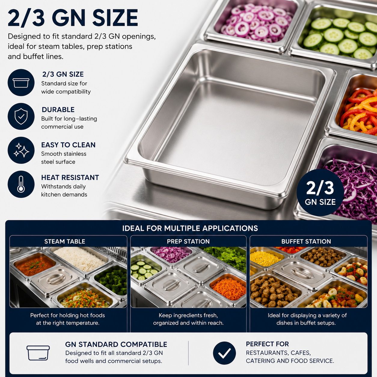 Commercial Stainless Steel GN 2/3 100mm Deep Gastronorm Bain Marie Buffet Steam Table Food Pan