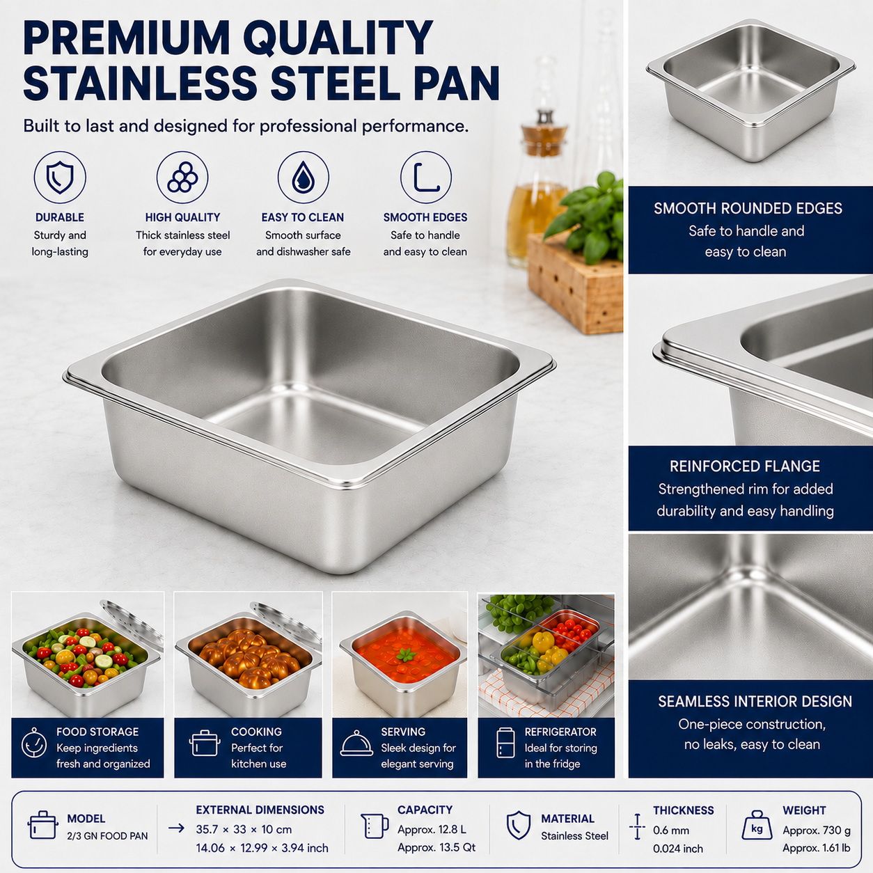 Commercial Stainless Steel GN 2/3 100mm Deep Gastronorm Bain Marie Buffet Steam Table Food Pan