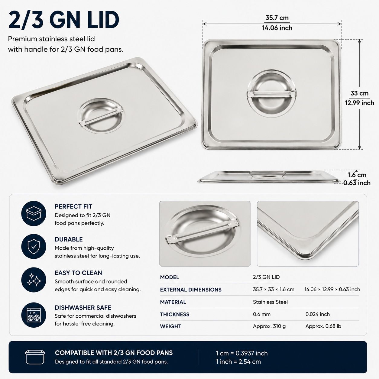 Commercial Stainless Steel GN 2/3 100mm Deep Gastronorm Bain Marie Buffet Steam Table Food Pan with Lid