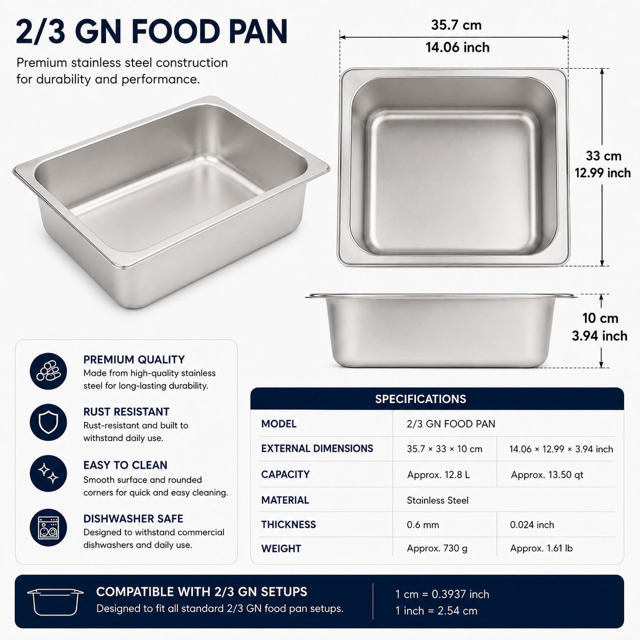 Commercial Stainless Steel GN 2/3 100mm Deep Gastronorm Bain Marie Buffet Steam Table Food Pan with Lid