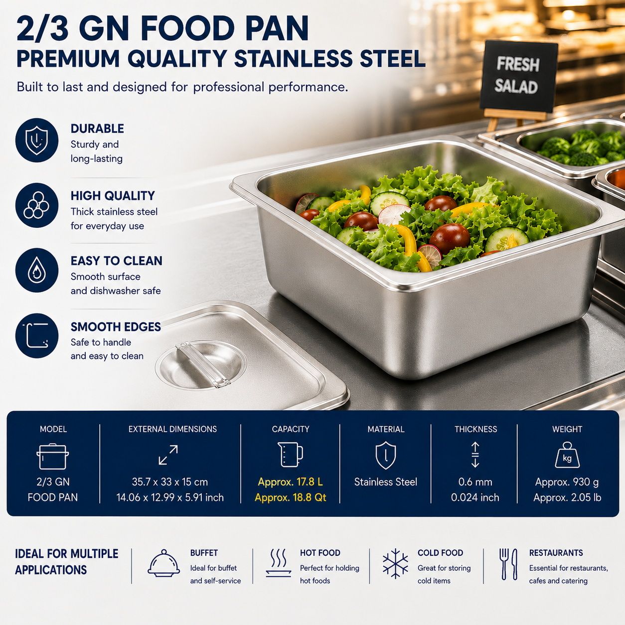 Commercial Stainless Steel GN 2/3 150mm Deep Gastronorm Bain Marie Buffet Steam Table Food Pan with Lid