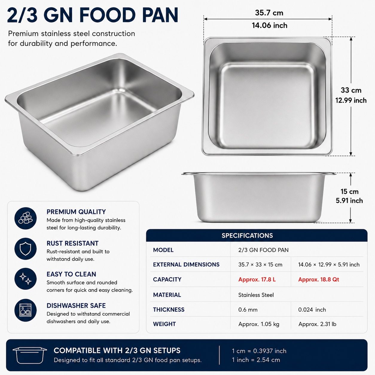 Commercial Stainless Steel GN 2/3 150mm Deep Gastronorm Bain Marie Buffet Steam Table Food Pan with Lid