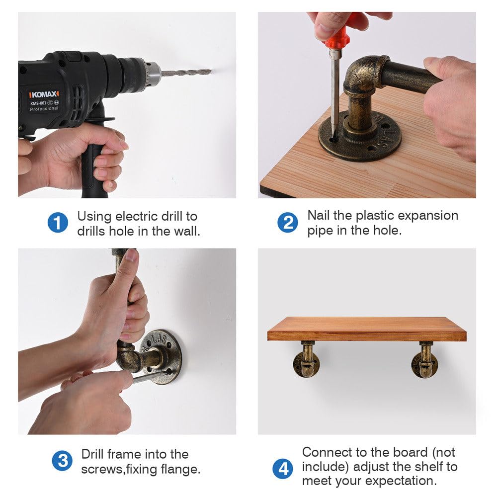 Kitchen & Bathroom DIY: 4PCS Pipe Floating Shelf Bracket Industrial Pipe Shelf Bracket Mounting Bracket Storage Racks Decor Bronze