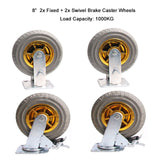 Utility Trolleys: 4x 8" Heavy Duty Industrial 2x Swivel Brake + 2x fixed Caster Tyre Tyres Wheel Wheels Castor 1000KG Trolley