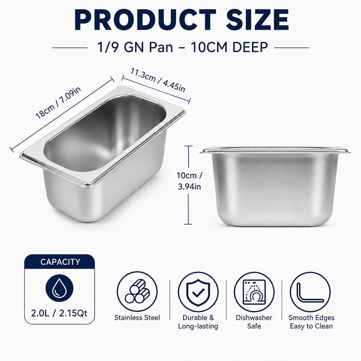 Commercial Stainless Steel GN 1/9 100mm Deep Gastronorm Bain Marie Buffet Steam Table Food Pan with Lid