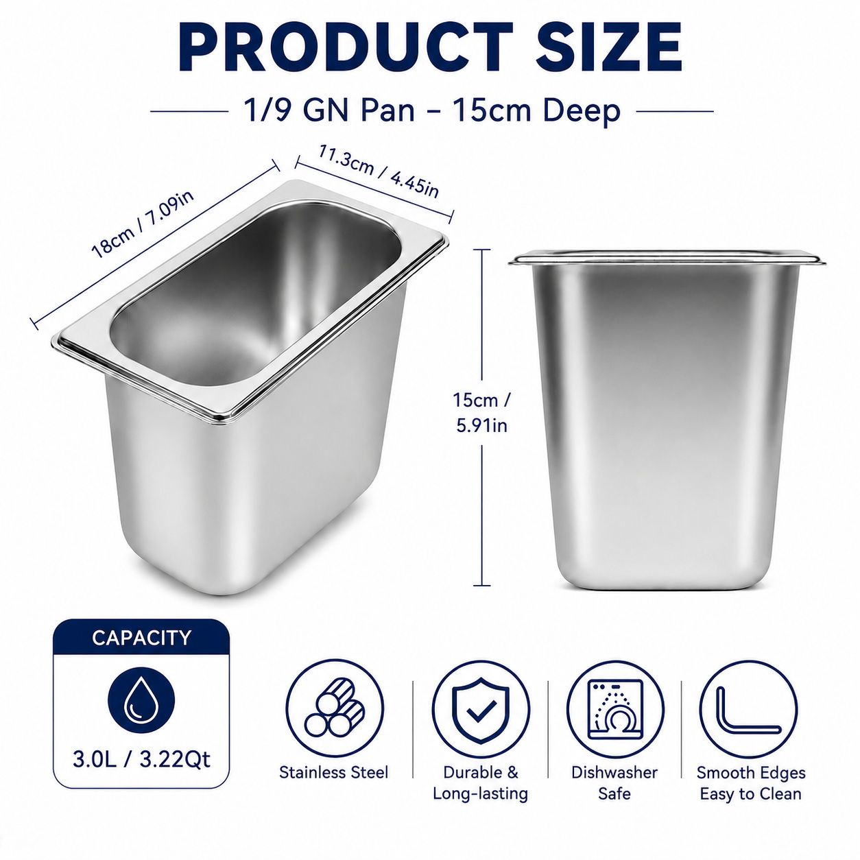 Commercial Stainless Steel GN 1/9 150mm Deep Gastronorm Bain Marie Buffet Steam Table Food Pan
