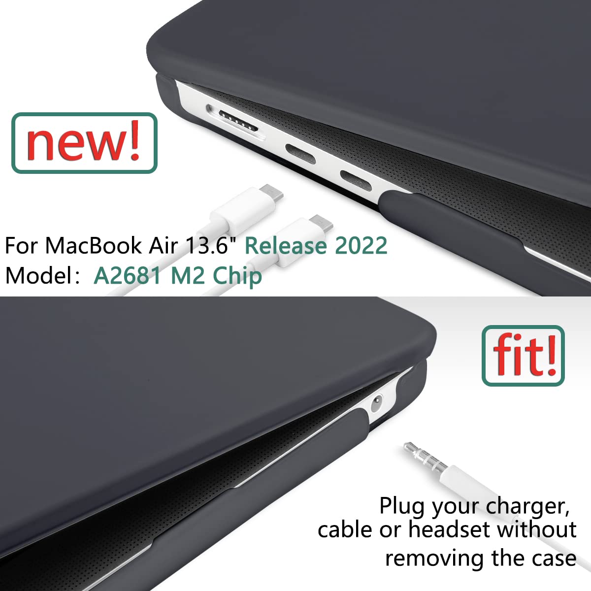 Cases & Skins: Suitable for  2023 2022 MacBook Air 13 inch case M2 Model A2681 Hard Shell Case Keyboard Cover Black