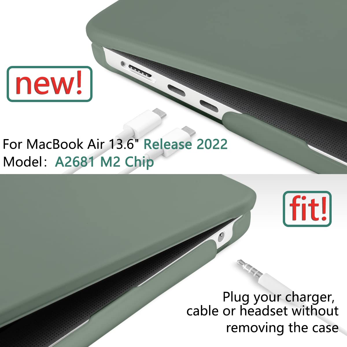 Cases & Skins: Suitable for  2023 2022 MacBook Air 13 inch case M2 Model A2681 Hard Shell Case Keyboard Cover Midnight Green