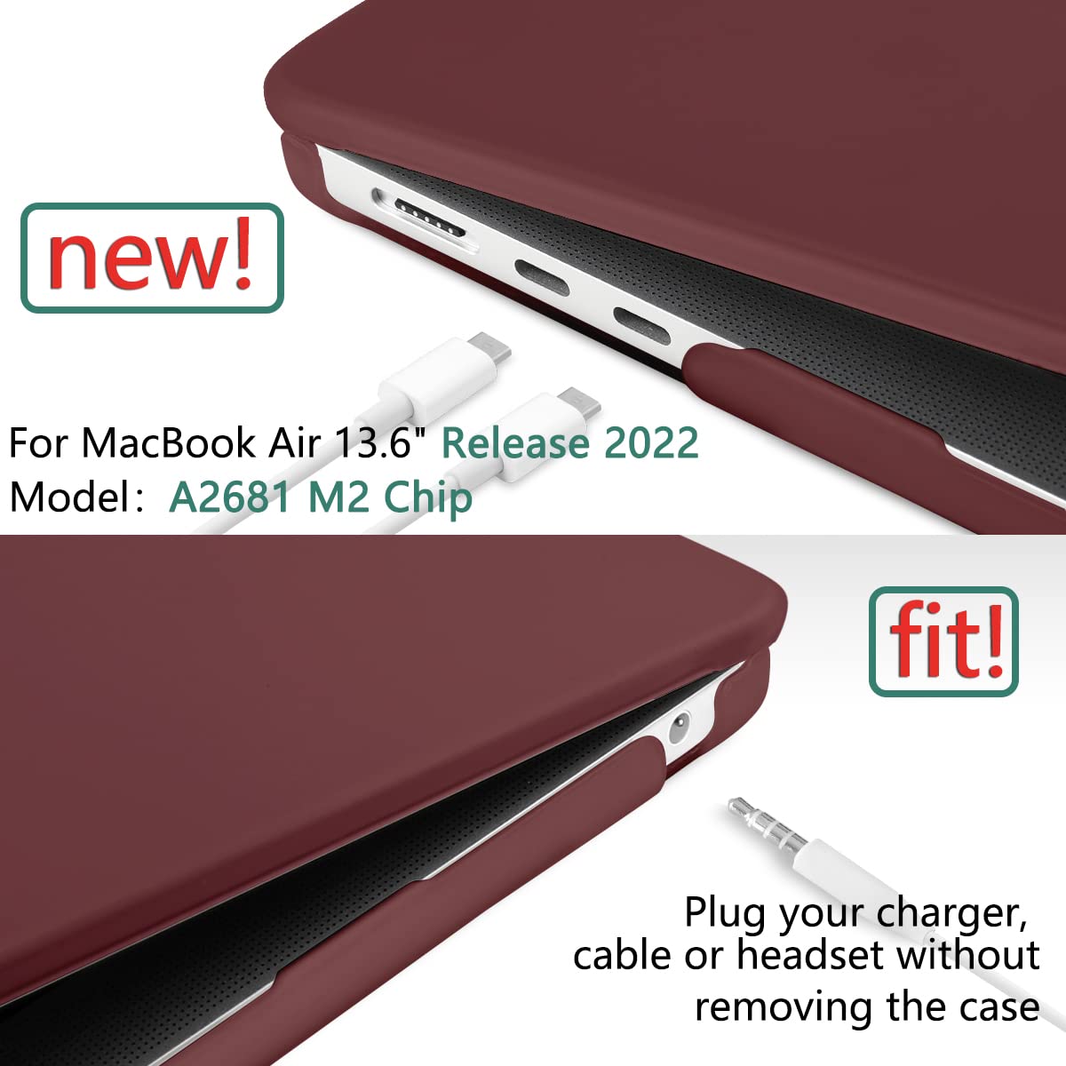 Cases & Skins: Suitable for  2023 2022 MacBook Air 13 inch case M2 Model A2681 Hard Shell Case Keyboard Cover Wine Red