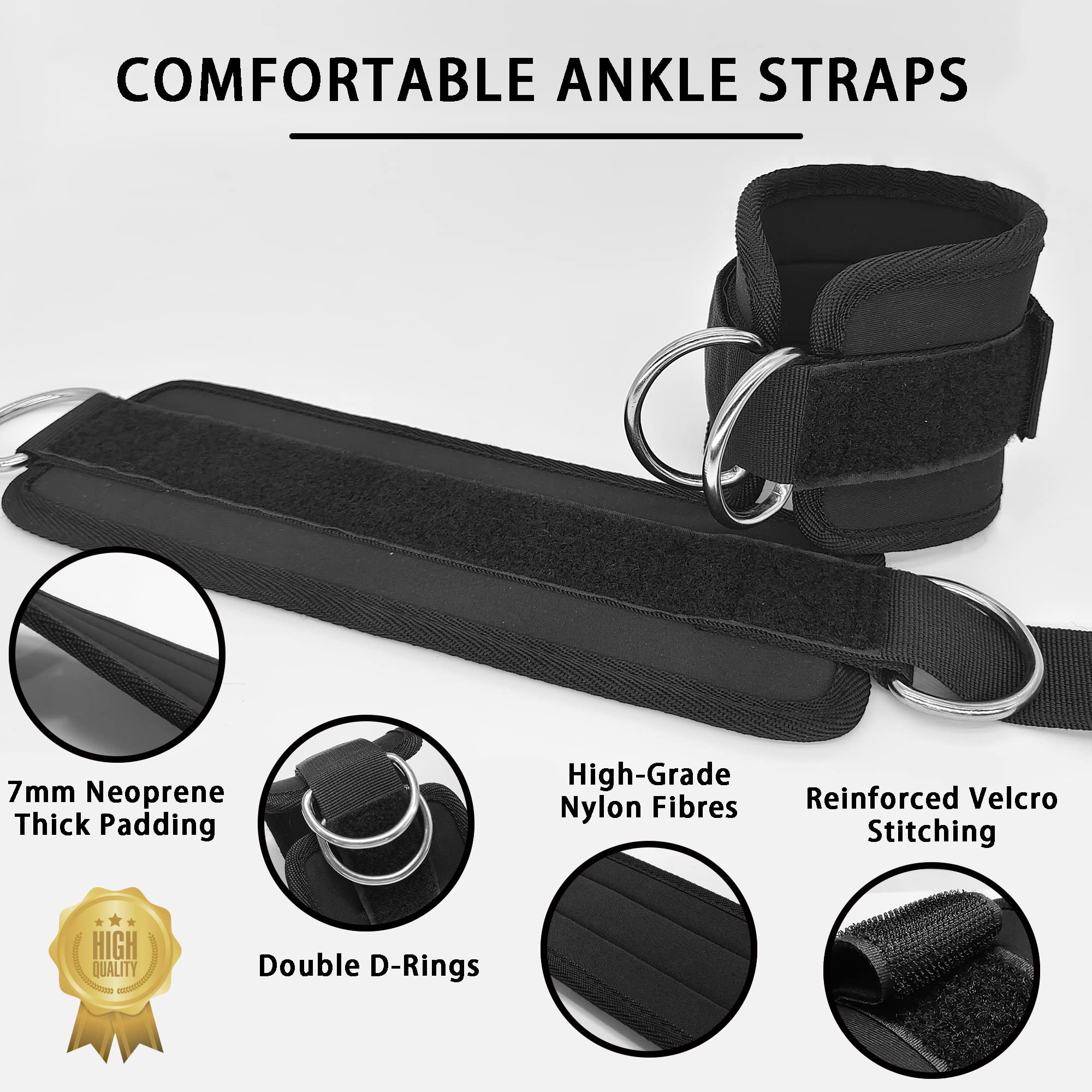 Gym Equipment & Accessories: 2x Adjustable Ankle Straps for Cable Machines D-Rings Gym Cuff Kickbacks Glute Workouts Leg Extensions Straps Hip Black