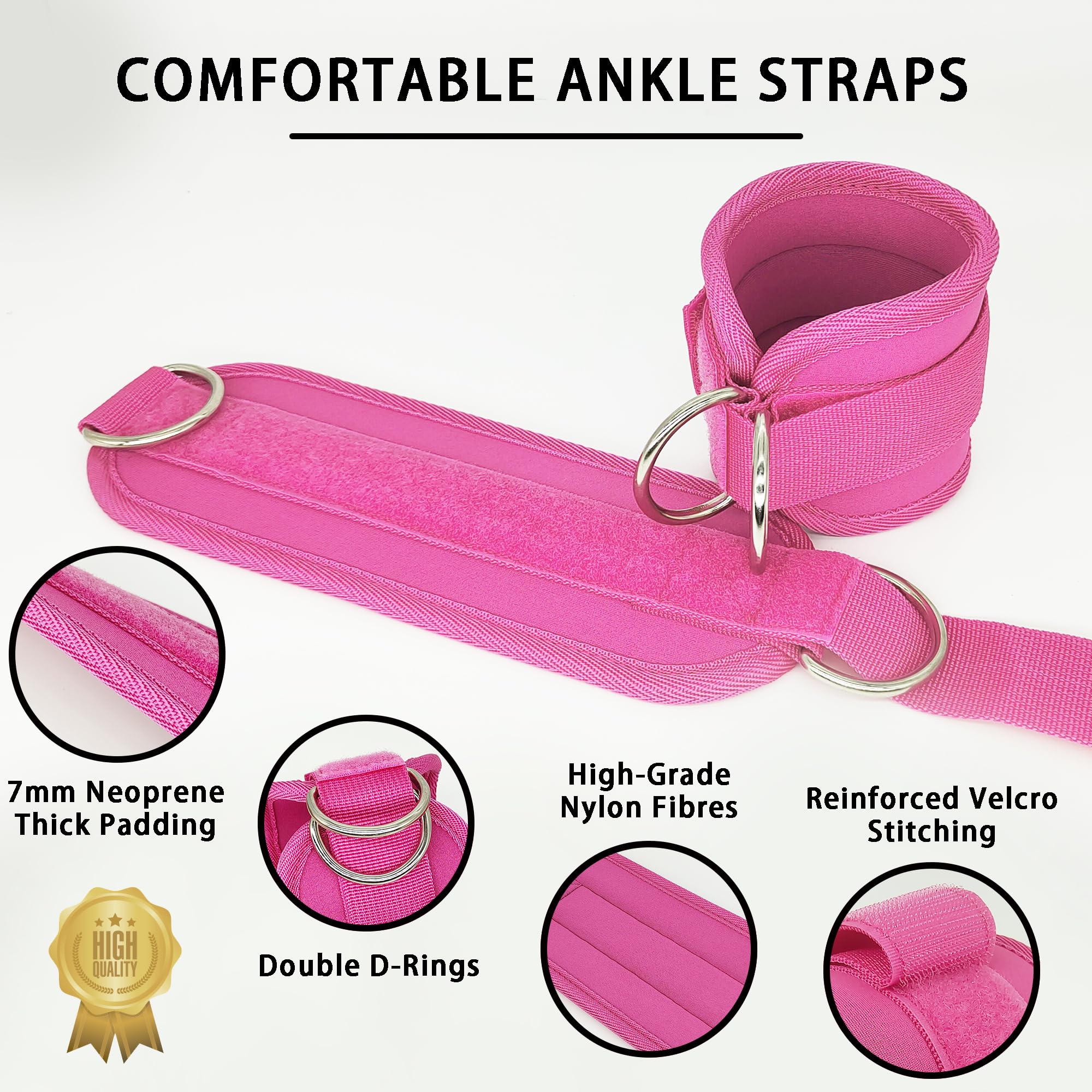 Gym Equipment & Accessories: 2x Adjustable Ankle Straps for Cable Machines D-Rings Gym Cuff Kickbacks Glute Workouts Leg Extensions Straps Hip Pink