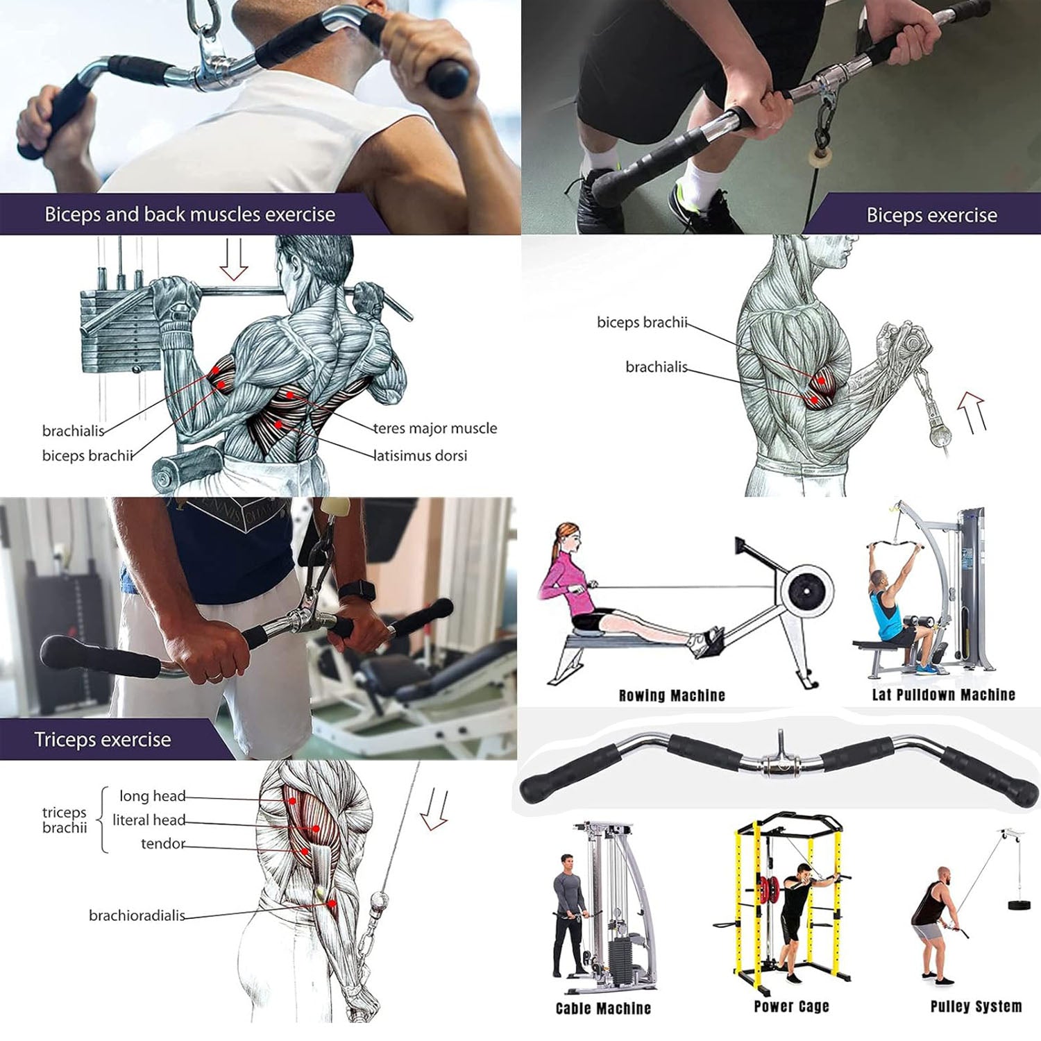 Gym Equipment & Accessories: 75cm Tricep Press Pulldown Bar Cable Machine Revolving LAT Pull down Bar Rotating Curl Bar