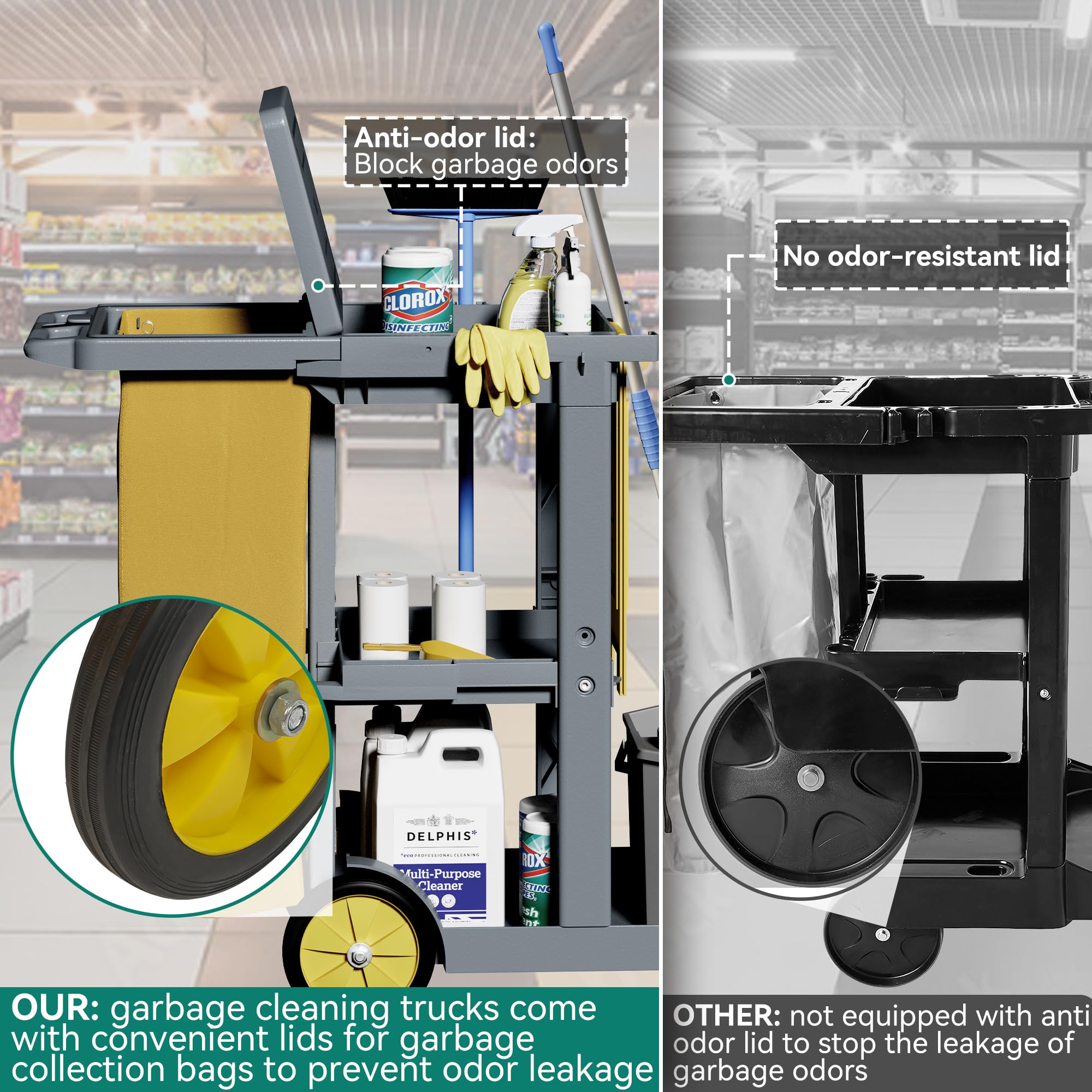 Kitchen & Dining Trolleys: Commercial Hotel Restaurant Cleaning Cart 3-Shelf Commercial Janitorial Cart Housekeeping Cart