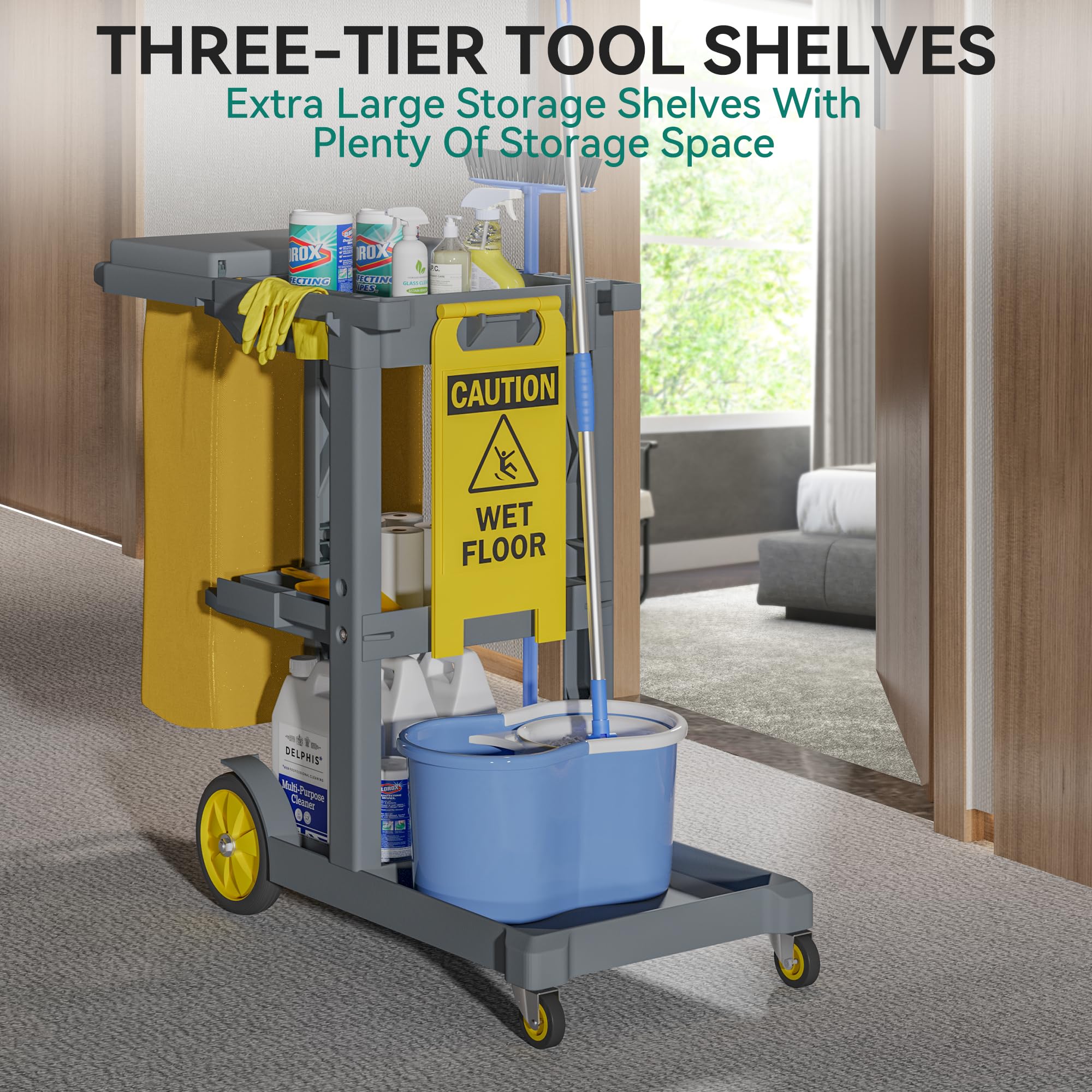 Kitchen & Dining Trolleys: Commercial Hotel Restaurant Cleaning Cart 3-Shelf Commercial Janitorial Cart Housekeeping Cart