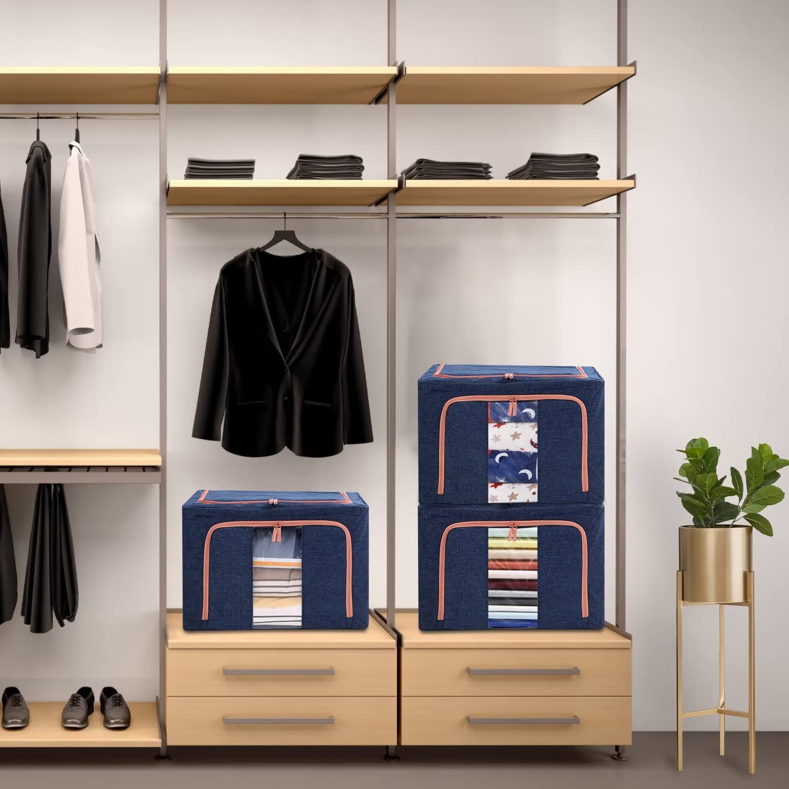 Clothing & Wardrobe Storage: 100L Cloth Storage Box Closet Organizer Storage Bags Clothes Storage Bags Wardrobe Organizer Idea Grey Blue