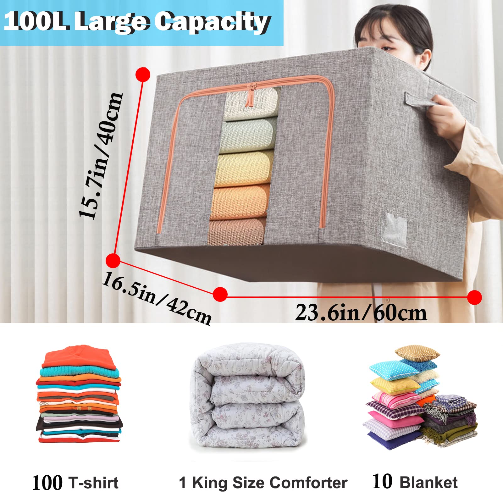 Clothing & Wardrobe Storage: 100L Cloth Storage Box Closet Organizer Storage Bags Clothes Storage Bags Wardrobe Organizer Idea Grey
