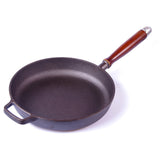 Skillets & Frying Pans: Pre-Seasoned 29cm Cast Iron Fry Pan Cookware Heat-Resistant Wooden Handle
