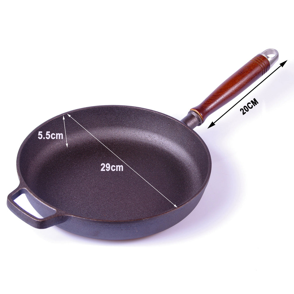 Skillets & Frying Pans: Pre-Seasoned 29cm Cast Iron Fry Pan Cookware Heat-Resistant Wooden Handle