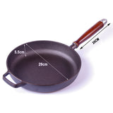 Skillets & Frying Pans: Pre-Seasoned 29cm Cast Iron Fry Pan Cookware Heat-Resistant Wooden Handle
