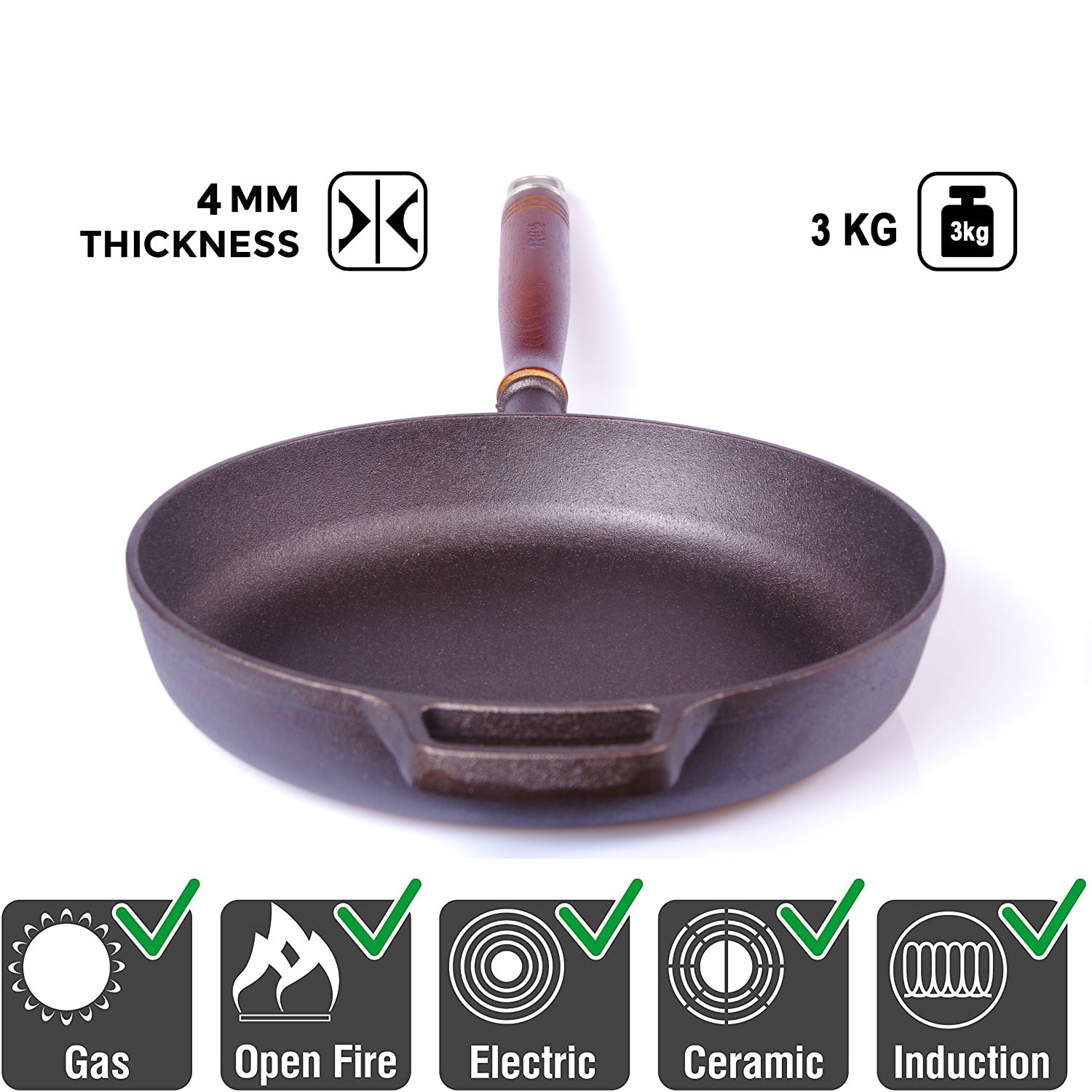 Skillets & Frying Pans: Pre-Seasoned 29cm Cast Iron Fry Pan Cookware Heat-Resistant Wooden Handle