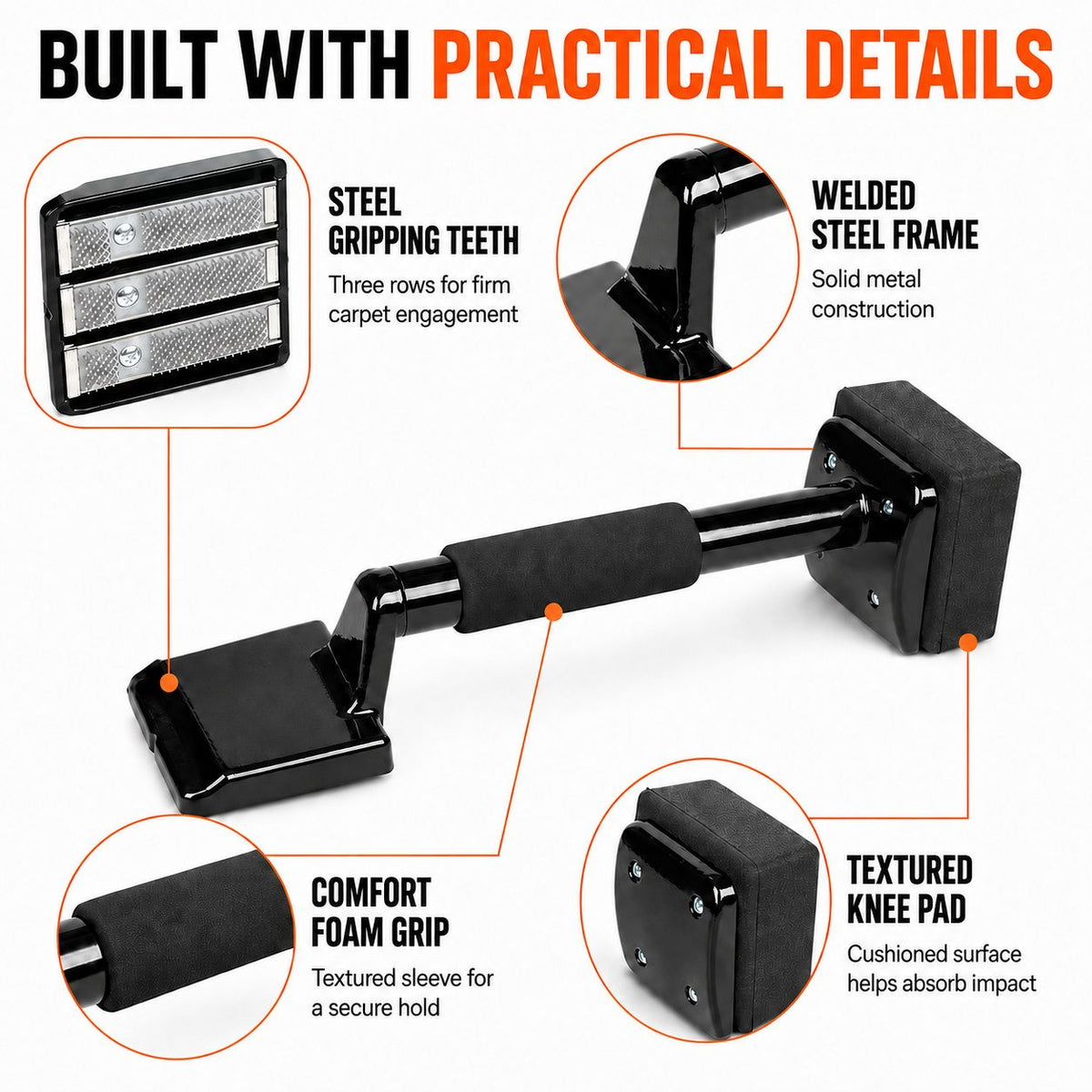 Carpet Knee Kicker Installation Tool with Steel Gripping Teeth & Foam Handle