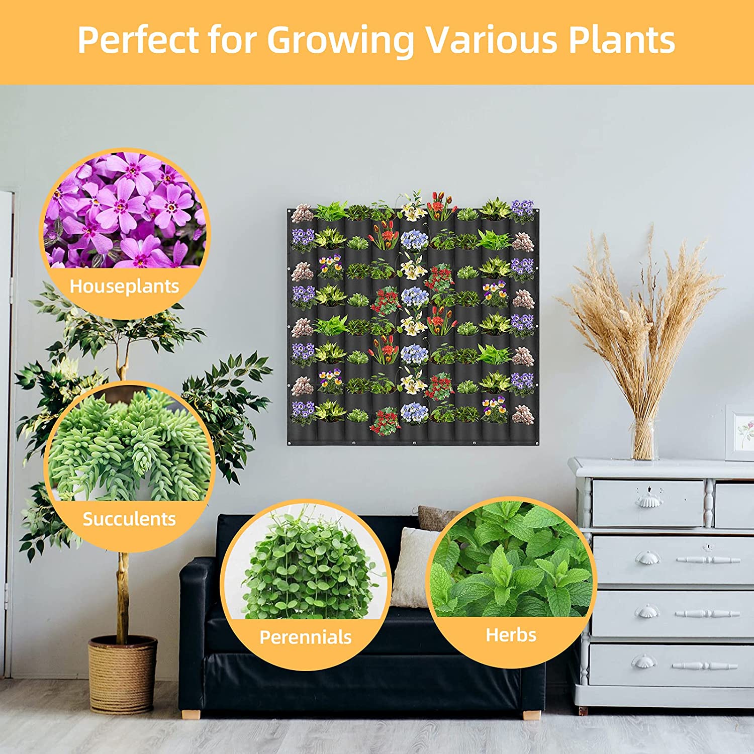 Grow Bags: 72 Pockets Wall Hanging Planter Planting Grow Bag Vertical Garden Vegetable Flower Black