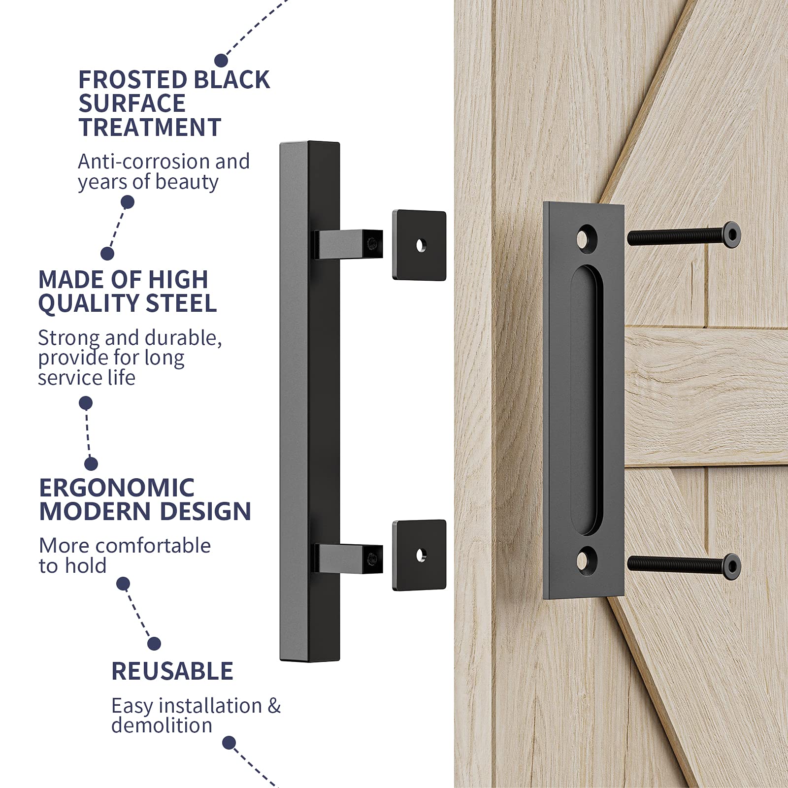 Door Hardware: 30cm Pull and Flush Barn Door Handle Square Handles set of Frosted Black Surface Square