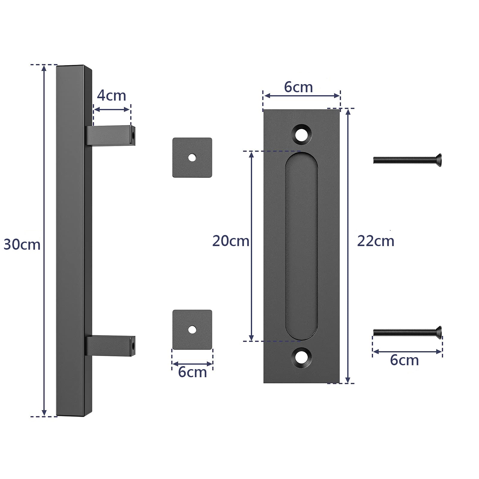 Door Hardware: 30cm Pull and Flush Barn Door Handle Square Handles set of Frosted Black Surface Square