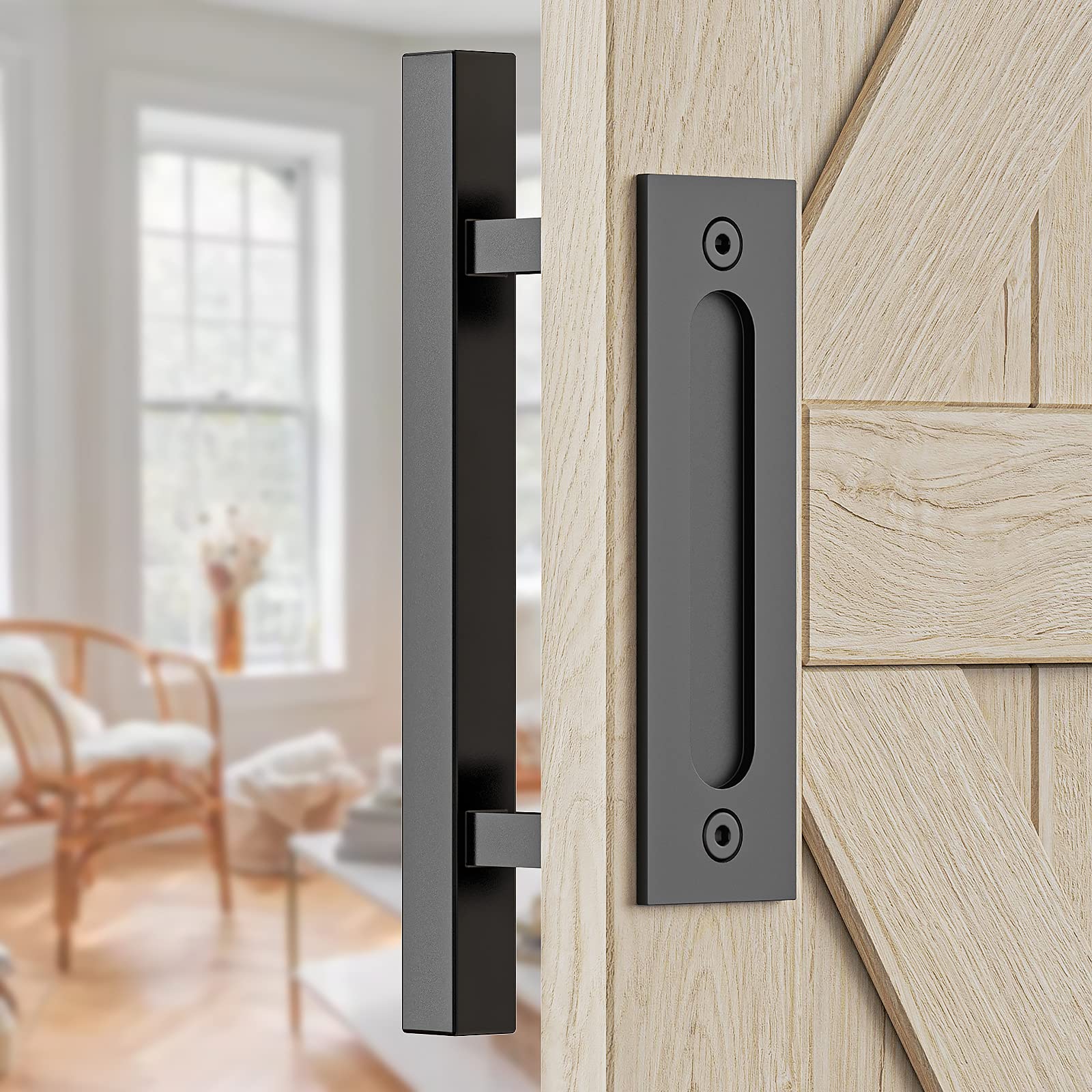 Door Hardware: 30cm Pull and Flush Barn Door Handle Square Handles set of Frosted Black Surface Square