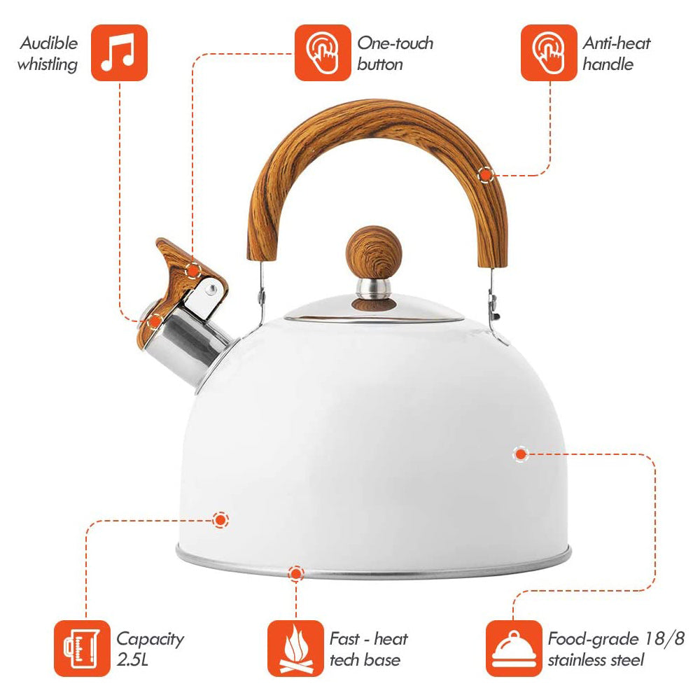 Teas & Accessories: 2.5 Liter Tea Whistling Kettle Stainless Steel Modern Whistling Tea Pot for Stovetop White