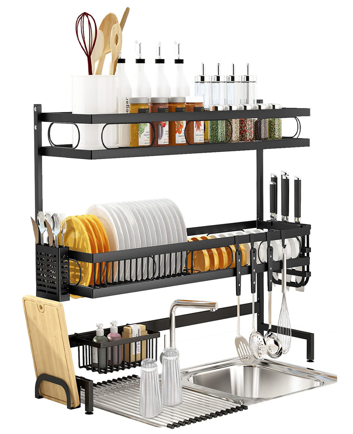 Kitchen & Bathroom DIY: 65cm 3 tier Over Single Sink Dish Drying Rack Drainer Kitchen Cutlery Holder Storage Organizer