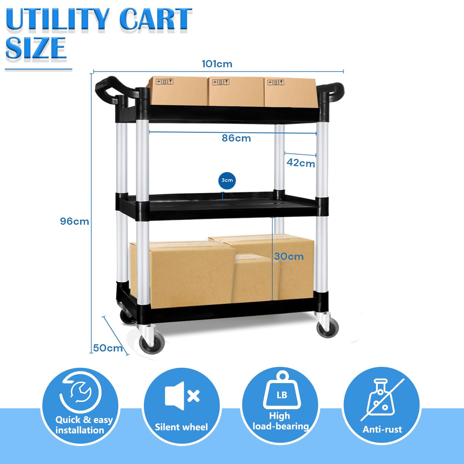 Kitchen & Dining Trolleys: 3 Tier Large Service Food Cart Restaurant Trolley Utility Cart Kitchen Catering Shelf Storage
