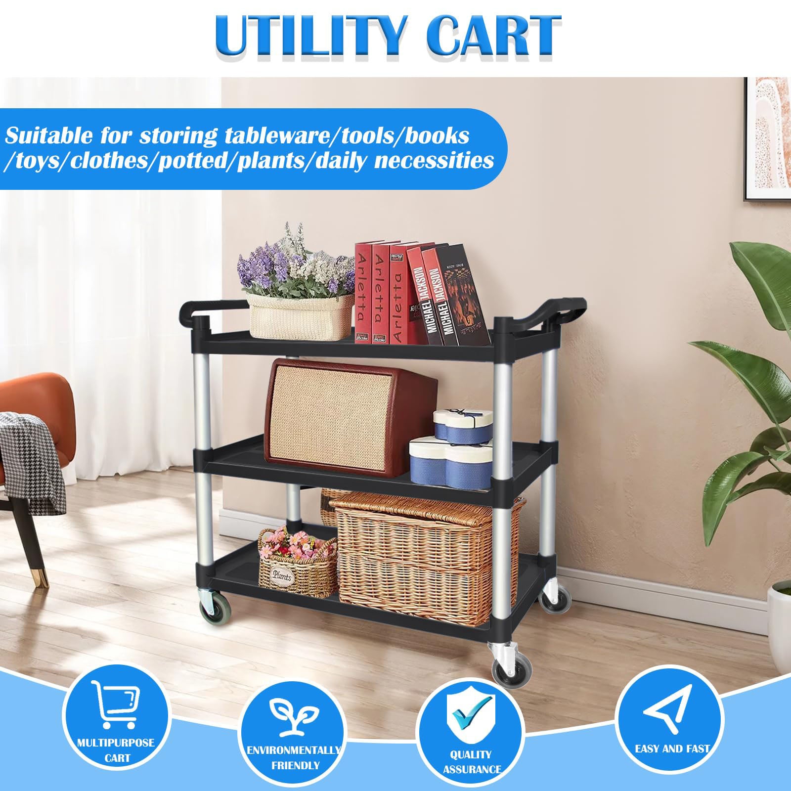 Kitchen & Dining Trolleys: 3 Tier Large Service Food Cart Restaurant Trolley Utility Cart Kitchen Catering Shelf Storage
