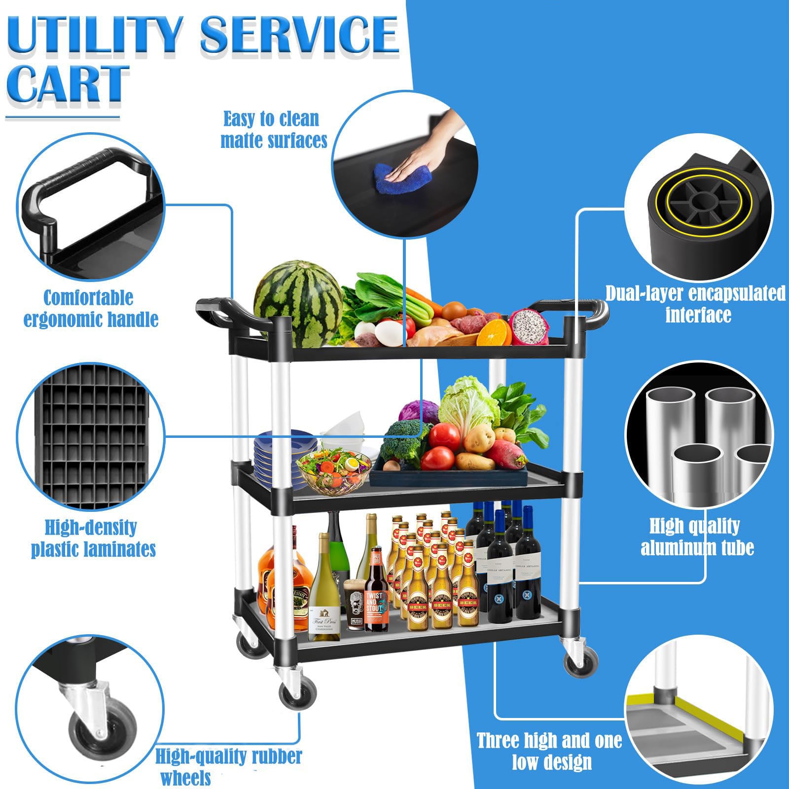 Kitchen & Dining Trolleys: 3 Tier Large Service Food Cart Restaurant Trolley Utility Cart Kitchen Catering Shelf Storage