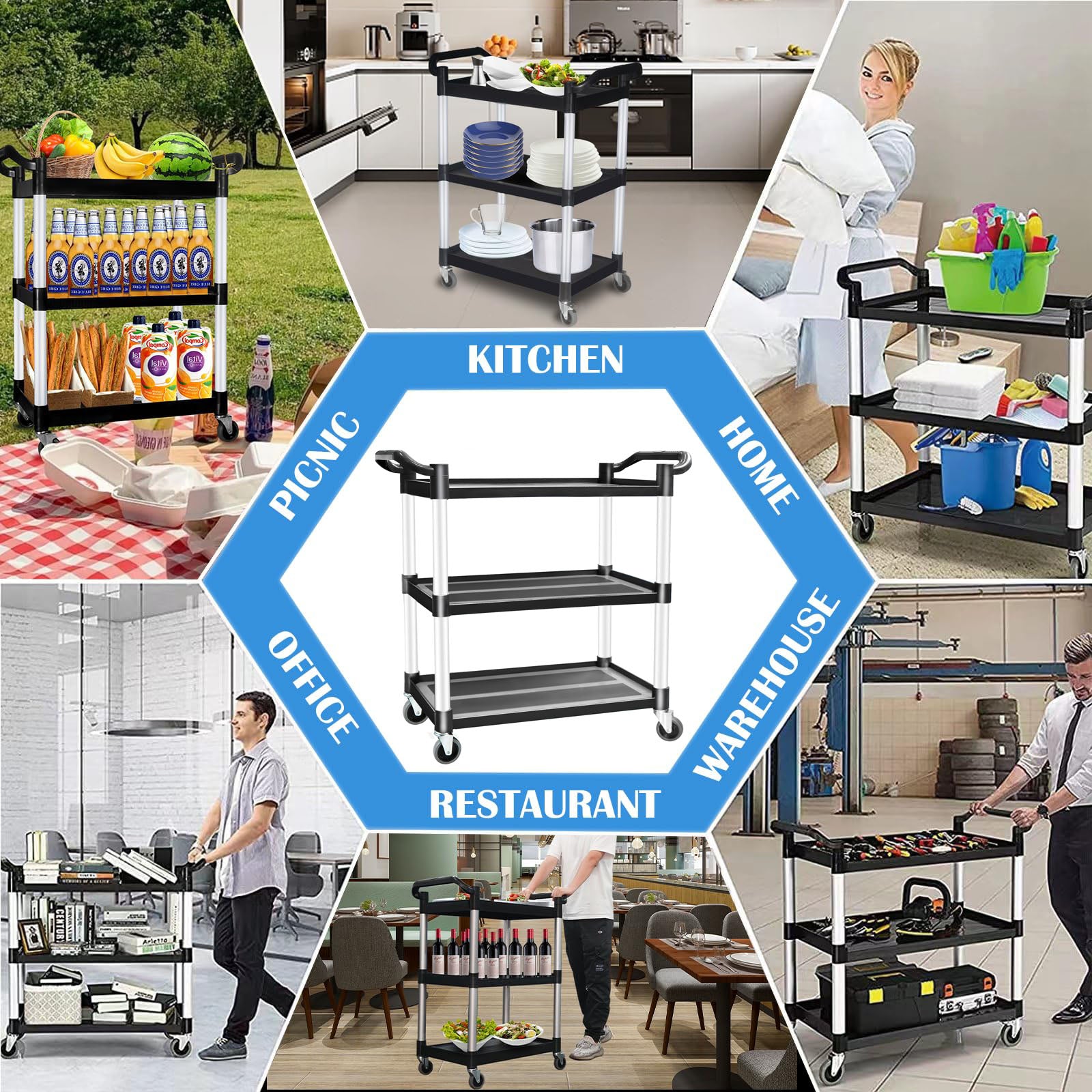 Kitchen & Dining Trolleys: 3 Tier Large Service Food Cart Restaurant Trolley Utility Cart Kitchen Catering Shelf Storage