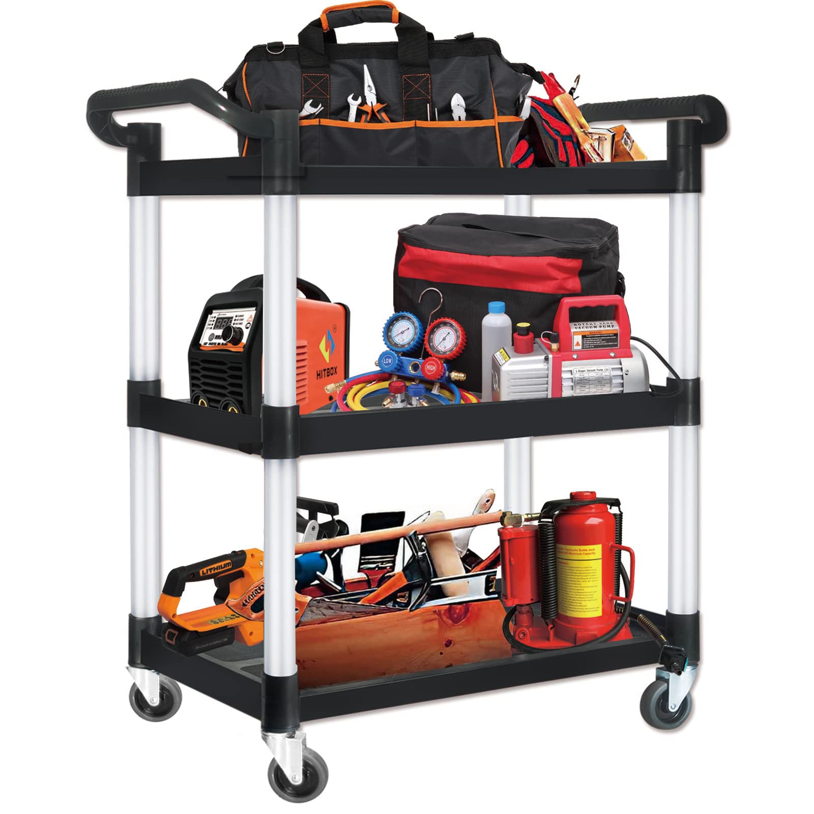 Kitchen & Dining Trolleys: 3 Tier Large Service Food Cart Restaurant Trolley Utility Cart Kitchen Catering Shelf Storage